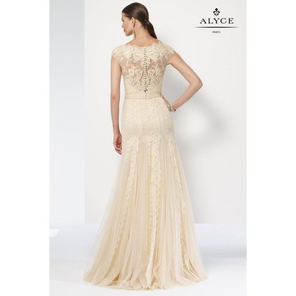 BLUSH Champagne Lace Rustic Wedding Dress, Cap Sleeve, Boat Neck Elegant Mother - Picture 1 of 15